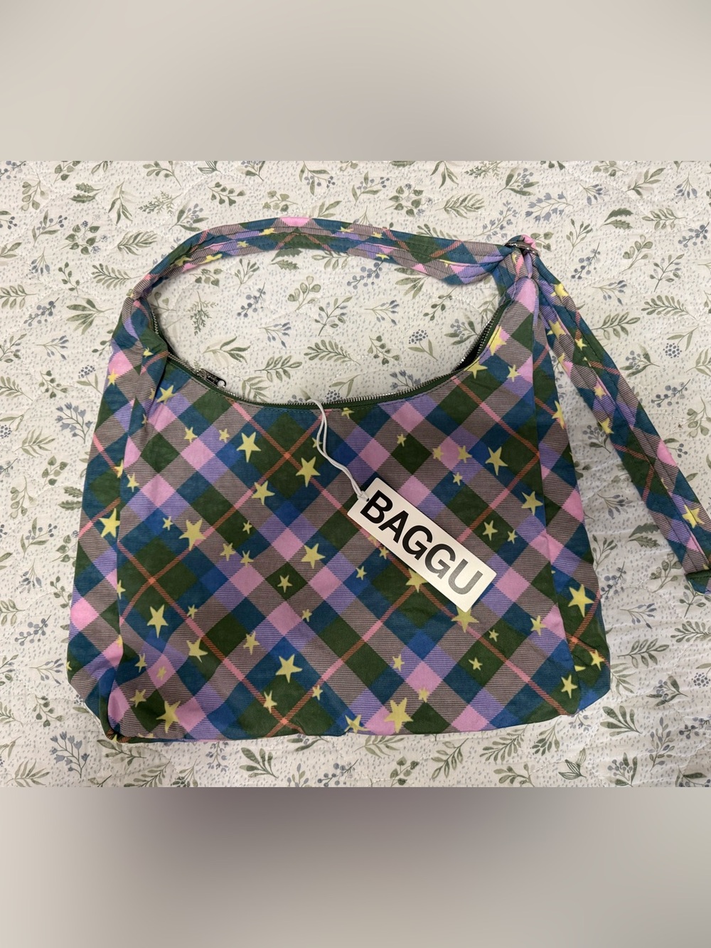 BAGGU Women's Plaid Star-Print Shoulder Bag in Green & Purple NWT